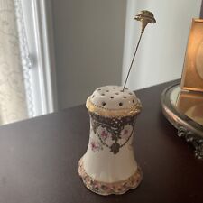 Antique Hand Painted Porcelain Nippon Hat Pin Holder Gold Gilt + 1 Deco Hat Pin picture