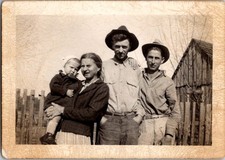Vtg 1948 Family Photo Man Woman Baby Boy Rural Farmhouse Fence Sepia Snapshot picture