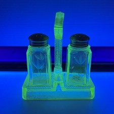 Vintage Green Depression Glass Salt Pepper Shakers with Caddy Vaseline Uranium picture