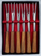 (3A) Vintage MCM Teak Wood Cocktail Forks Set 6 Japan Stainless Steel Appetizer  picture