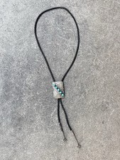 Vintage Lee Navajo Turquoise Leather Bolo Tie Native American Sterling Silver picture