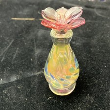 Art Glass Perfume Bottle Pink Flower Stopper Iridescent Swirl Design picture