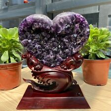 15.7LB Natural Amethyst Heart Quartz Crystal Specimen Reiki Healing+Stand picture