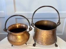 Set of 2 VTG Hammered Copper Footed Planters/Cauldrons w/Wrought Iron Handles picture