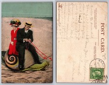 Vintage Comic Postcard Couple Riding Snail You Are Too Slow For Me Warsaw 1910 picture