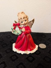 Vintage Napcoware Christmas Angel Figurine X-6964 Red Dress w/ Wreath MCM Japan picture