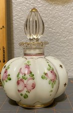 VNTG Fenton Charleton Melon Perfume Bottle W/Stopper Painted Roses Milk Glass picture