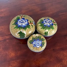Vintage Chinese Cloisonné Nesting Boxes Peony Enamel Set of 3 c.1950-1975 picture