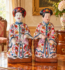 Chinese Porcelain Pair of Seated Figures Figurines, Floral Robes w/ Plaques picture
