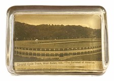 VERY RARE Antique c1910 West Baden Springs Hotel Glass Paperweight Bicycle Track picture