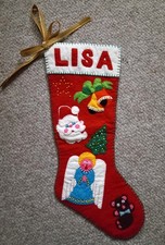 Vintage c. 1960s Homemade Felt Applique CHRISTMAS STOCKING-SANTA-ANGEL-17.5