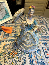 Dresden Marti Gras Victorian Lady w/ Umbrella rare. Blue Dress and Lace. picture