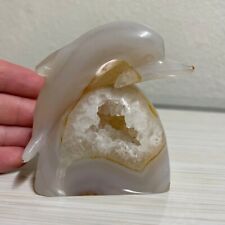 Rare 3.3” Natural Agate + Quartz Dolphin Geode Crystal Carving 1.1lb Stone picture