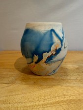 Nemadji Indian Pottery Native Clay Handmade Vase Blue Swirl picture