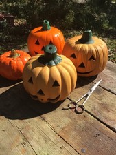 VTG. Halloween Ceramic Jack-O~Lantern Lot 4- Fun/ Flaws~ Atlantic Mold *(4)* picture