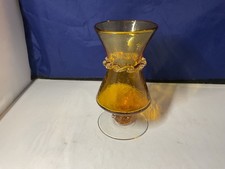Artisan Hand Blown Amber Glass Vase 7.5” Tall Applied Scroll Design Trim -J31 picture