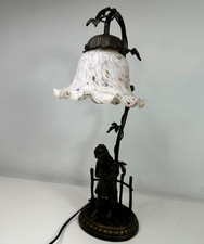Vintage Andrea By Sadek Bronze Lamp Girl Holding Cat Glass Shade picture