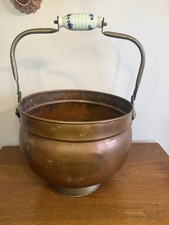 Lrg Vintage Dutch Copper Pot With Delft Porcelain Handle & Brass Lion Heads picture