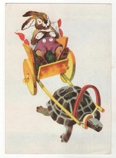 1957 Funny Animals Bunny in dressed & Turtle ART Soviet Latvia POSTCARD Old picture