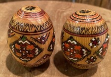 2 Vintage Petrykivka Hand-Painted Ukrainian Pysanka Wooden Easter Egg Multicolor picture