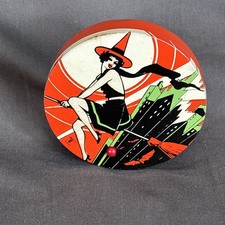 Vintage 1930s 1940s T Cohn Halloween Noise Maker Sexy Witch Tin Litho picture
