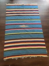 Large 95” Vtg Handwoven Mexican Saltillo Sarape Multicolored Woven Blanket Blue picture