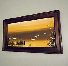 Vintage Pair MCM Sunset and Seagulls Wood Framed Oil Paintings picture