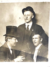 1910 RPPC: THREE GENTLEMEN antique real photograph postcard THE DEALS GOING DOWN picture