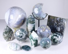 HUGE 11lbs Moss Agate Crystal Collection Lot Spheres Towers Moon Slab 12 pieces picture
