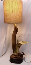 Vtg MCM 60's Wood & Brass Yasha Heifetz Foliate Sculptural Table Lamp picture