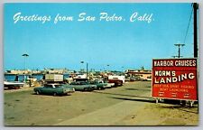 Greetings San Pedro California Street View Old Car Shore Waterfront VTG Postcard picture
