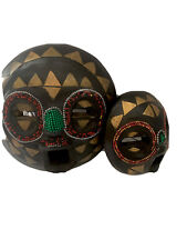   2 African Tribal Masks Wood Handcrafted in Ghana Black Gold Beaded Decorative  picture