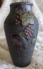Antique Goofus Glass Vase Indiana Glass Bird on Grapes Black Bark Texture 9
