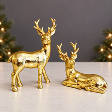 Gold Ceramic Deer Figurine Christmas Reindeer Standing Lying Choice 1PC 4.5 Inch picture