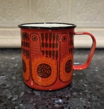 FINEL~Red Lintu Bird~Enamel Coffee Mug Cup~Arabia Finland~Vintage MCM❤️ picture