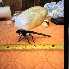 Vintage Brass Dragonfly Figurine Natural Mother of Pearl Shell Art Sculpture picture