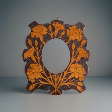 Antique Art Nouveau Pyrography Hanging Photo Frame, Dianthus 9” C1890 picture
