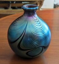 CORREIA Signed Pulled Feather Iridescent Art Glass Blue Purple Swirl VASE BOTTLE picture