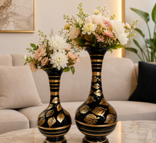 Modern Black Iron Flower Vase Set Gold Leaf Pattern Home Centerpiece Category picture