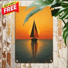 Sailboat Silhouette Sunset Ocean Metal Sign Nautical Coastal Wall Plaque picture