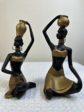Pair Of African Art Queen Sculpture Mahogany Wood Hand Carved Painted picture