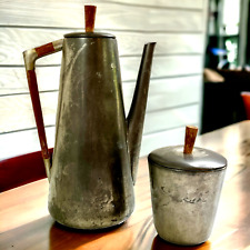 Royal Holland Pewter Daalderop Coffee Pot Tea Sugar Canister Teak Set Vintage picture