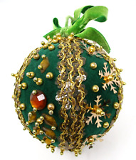 Vintage Christmas Ornament Push Pin Jumbo Green Velvet Gold Large 6 Inch picture