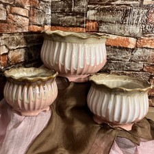 Planters Flower Plant Pot Ceramic 3 Piece Glazed Bold Pink Dark Tan White Ribbed picture