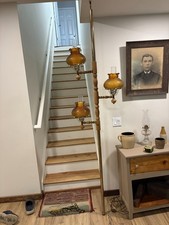 VTG Mid Century Modern Tension Pole Floor Lamp 3 Amber Hobnail Glass Shades Wood picture