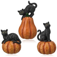 Halloween Black Cat Figurine on Pumpkin Tabletop Decoration 3 Pcs Set picture