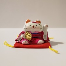 Mitsukoshi Lucky Cat Small Mini Ceramic Figure Pink Kimono Gold Fan Red Mat picture