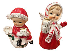2 Vintage 1950s Ucagco Christmas Girls bearing gifts /4.5 inches tall/Japan picture