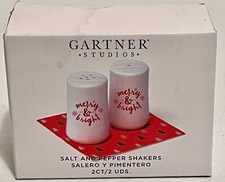 NEW Gartner Studios Christmas Salt & Pepper Shakers White Ceramic Merry & Bright picture