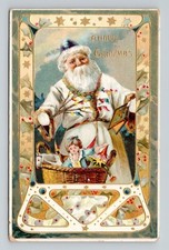 Christmas Santa White Brown Coat Blue Hat Basket Toy Tucks No 505 c1909 Postcard picture